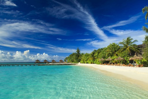 una panoramica della spiaggia su si affaccia il seaclub maayafushi con possibilità di vedere in lontanaza le camere overwater
